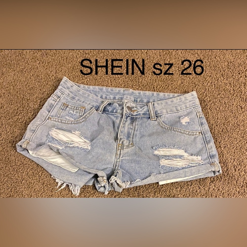SHEIN Women's Ripped Jean Shorts - Light Blue